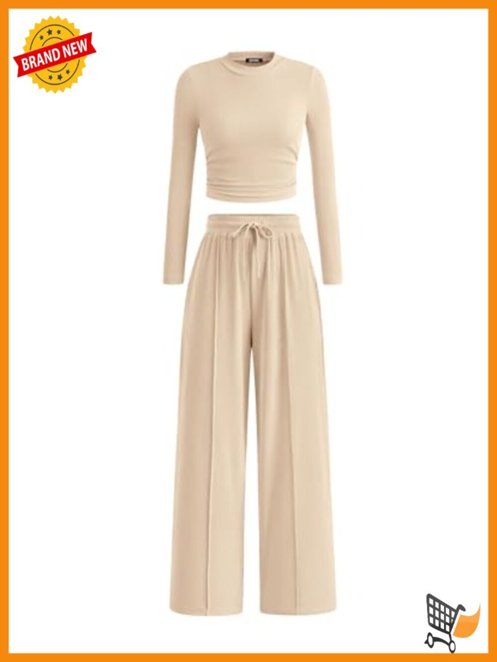 Ribbed Two Piece Set Crewneck Crop Top Wide Leg Pants Loungewear